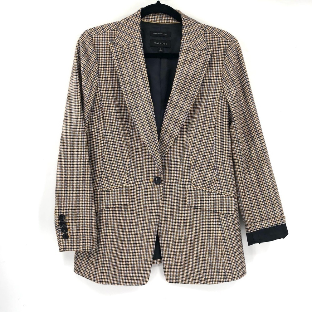 TALBOTS Houndstooth Glen Plaid Blazer Jacket 8 Wool Blend Single Button Oversize